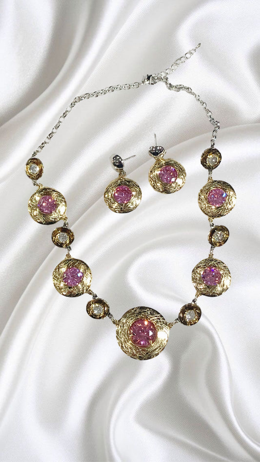 Zirkon Pembe Taşlı Gold Set